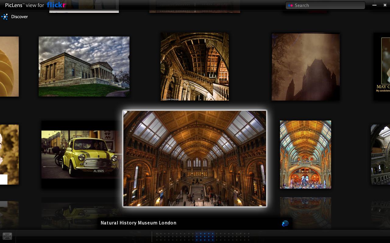 Screenshot of using PicLens to browse the results of a Flickr search for 